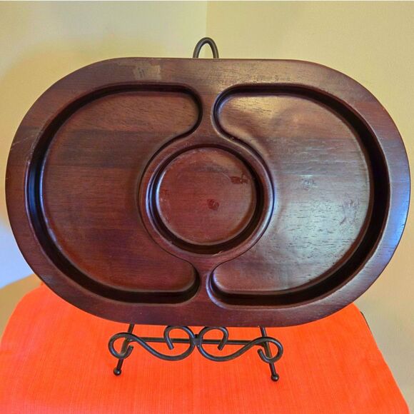 Vintage Oval Divided Appetizer Serving Tray Not sure Teak or Monkey Pod Wood? - Picture 1 of 3